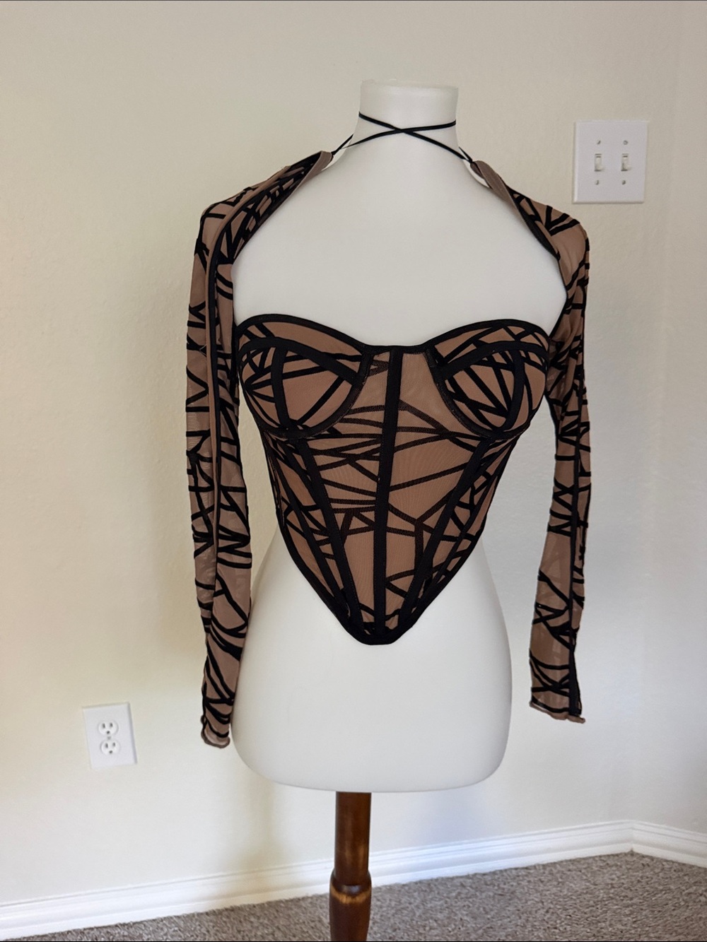NanaMacs Brown Bustier Bodysuit with Black Mesh Overlay